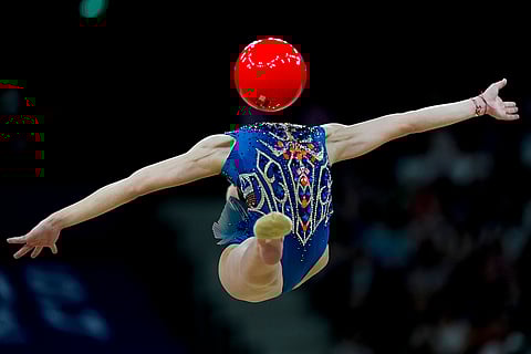 Stiliana Nikolova, of Bulgaria performs in the rhythmic gymnastics